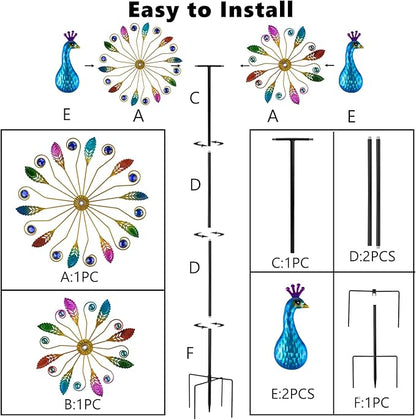 65 Inch Colorful Peacock Wind Spinner Outdoor, Two-Sided Windmill for Yard with Vibrant Front & Solid Blue Back, Large Metal Garden Wind Spinners and Statement Outdoor Garden Decor