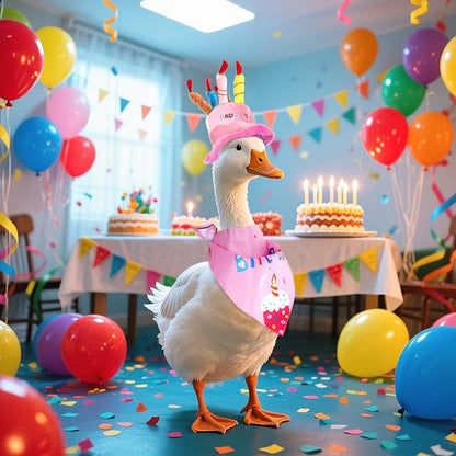 Happy Birthday Porch Goose Outfits with Birthday Cake Hat and Bandana for 17" 23" Cement Lawn Goose Statue Costume for Luau Party Outdoor Garden Yard Decor (Pink)