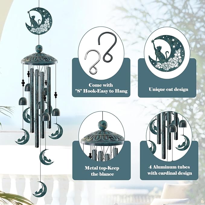Cat on the Moon Wind Chimes for Outside - 35" Large Metal Windchime with 6 Cat Charms & 4 Tuned Aluminum Tubes - Memorial Pet Sympathy Gift, Verdigris Bronze Garden Decor for Yard, Porch, Patio