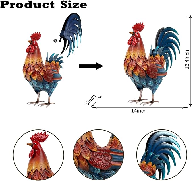 Kircust Metal Rooster Garden Ornament, Multi-Color Outdoor Yard Art Chicken Statue for Home Patio Lawn Backyard Farmhouse Kitchen
