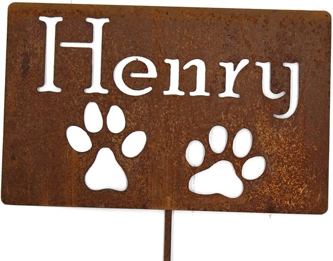 Classic Metal Garden Markers Clearance Items 20 to 33 Inches Tall (Henry with 2 paws 23", Naturally Rusted)