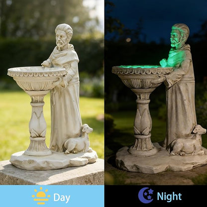 St Francis Garden Statue Outdoor Solar Garden Decor Resin 10.5 Inch Tall Colorful Lights St Francis Statue with Bird Bath Feeder for Yard Patio Lawn Decoration Religious Gardening Gifts