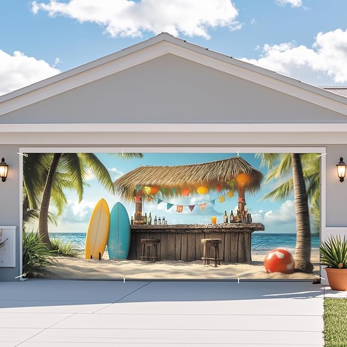 ANNA QUEEN Tiki Bar Garage Door Banner 6 x 13FT, Tropical Beach Surf Scene with Palm Trees and Surfboards,Outdoor Garage Decoration for Summer Parties Home Decor