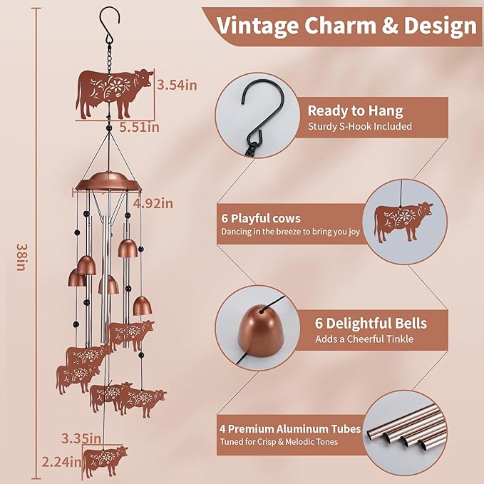 Cow Wind Chimes Outdoor, Metal Heifer Gifts for Women Mom Memaw, Rustic Western Farmhouse Garden Yard Decor Windchime