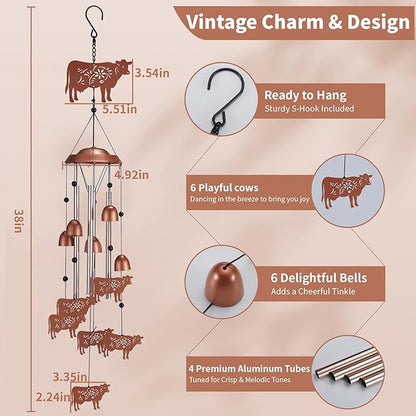Cow Wind Chimes Outdoor, Metal Heifer Gifts for Women Mom Memaw, Rustic Western Farmhouse Garden Yard Decor Windchime