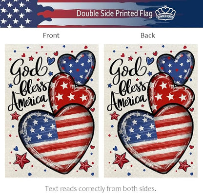 CROWNED BEAUTY 4th of July Garden Flag Patriotic Hearts Double Sided 12x18 Inches for Outside Small Burlap Independence Memorial Veterans Day Holiday Yard Decoration CF1815-12