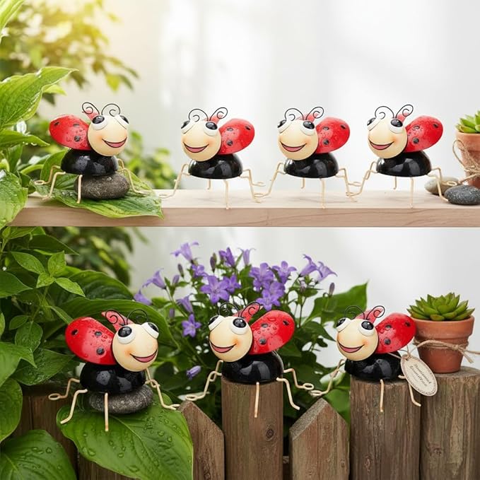 Cruis Cuka Metal Yard Art Garden Decor for Outside Cute Red Ladybugs Lawn Patio Ornaments Backyard Decorations Garden Gifts for Mom - Set of 4