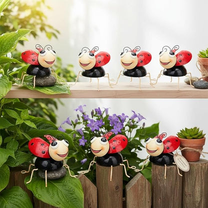 Cruis Cuka Metal Yard Art Garden Decor for Outside Cute Red Ladybugs Lawn Patio Ornaments Backyard Decorations Garden Gifts for Mom - Set of 4