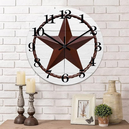 15 Inch Decorative Wall Clock Western Texas Star Rustic Farmhouse Wood Clock Silent Non-Ticking Battery Operated Antique Wooden Analog Clock for Bedroom Home Living Room Decor Home Decor