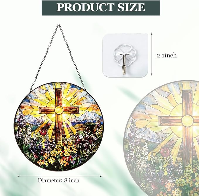Christian Cross Stained Glass Window Hanging – Round Faith Suncatcher with Chain, Colorful Glass Ornament for Living Room Home Garden Decor Gift, 8 Inch