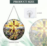 Christian Cross Stained Glass Window Hanging – Round Faith Suncatcher with Chain, Colorful Glass Ornament for Living Room Home Garden Decor Gift, 8 Inch