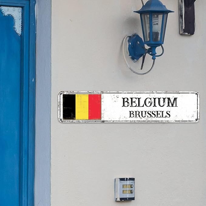 Personalized Belgium Street Sign Belgium Flag Metal Sign Capital City of Belgium Metal Tin Sign Road Wall Art Rustic Country City Indoor & Outdoor Decor for Home Man Cave Door Porch Garden 18x4in