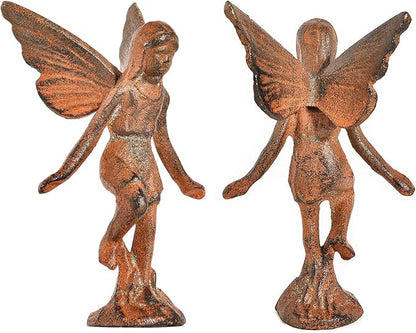 Sungmor Cast Iron Angel Statue, Rustic Brown Fairy Figurines, Creative Angel Pixie Collection Home Office Desk Decor, Indoor Outdoor Fairy Garden Accent Ornament
