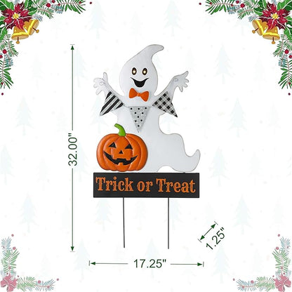 Glitzhome Lighted Metal Ghost Halloween Yard Stake or Wall Hanging Decor, 32" H, White