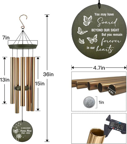Personalized Wind Chimes 36inch, in Loving Memory of Sympathy Wind Chimes, Memorial Funeral Gifts, Butterfly Dandelion Deep Tone Wind Chime, Loss of Loved Dad/Mom Outdoor
