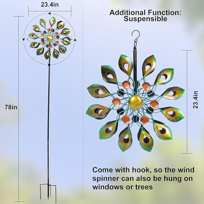 DIBIEECN 78 Inch Big Peacock Kinetic Wind Spinners with Garden Stake, Metal Sculpture Decorations, Outdoor Windmill, Dual Direction for Yard Art, Lawn Decor, Idea Gifts