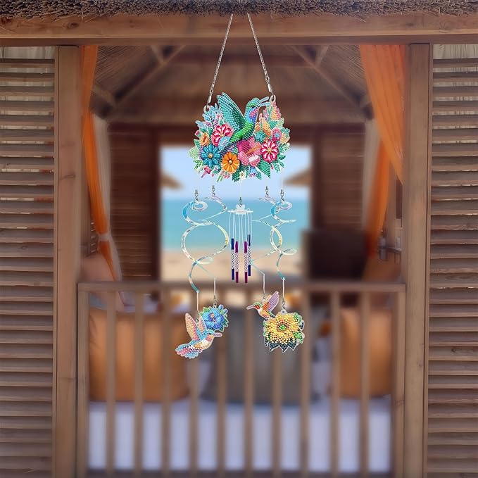 DIY Wind Chime Pendant Spring 3D Diamond Art Painting Hanging Ornament Double Sided Diamond Suncatchers for Window Home Backyard Garden Wall Door Decor-Hummingbird