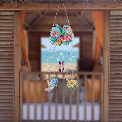 DIY Wind Chime Pendant Spring 3D Diamond Art Painting Hanging Ornament Double Sided Diamond Suncatchers for Window Home Backyard Garden Wall Door Decor-Hummingbird