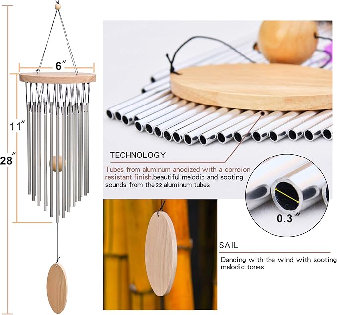 SuninYo Wind Chimes Outdoor,22 Tubes Wind Chimes with S Hook,a Quality Gift for Garden, Patio, Balcony and Indoor Decor, Silver