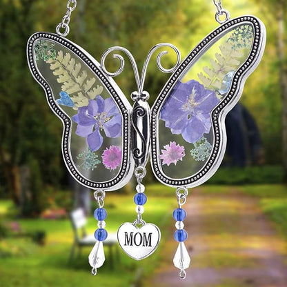 Laraine Butterfly Suncatcher with Pressed Colourful Flower Wings Mother's Day Butterfly Glass Wind Chime Ornament Charm with Metal Heart Gifts for Mom Grandma Birthday (Purple Mom)