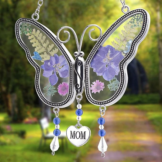 Laraine Butterfly Suncatcher with Pressed Colourful Flower Wings Mother's Day Butterfly Glass Wind Chime Ornament Charm with Metal Heart Gifts for Mom Grandma Birthday (Purple Mom)