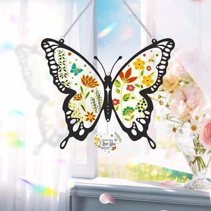 Butterfly Stained Glass Window Hanging 9.8 Inch Colorful Flower Suncatcher Decor for Window Door Wall Art Home Decoration Christmas Hanging Ornament Birthday Butterfly Gifts for Mom, Women