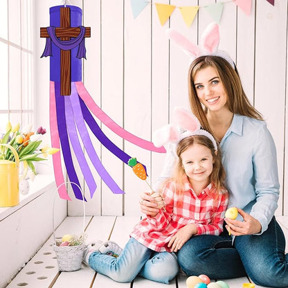 40 Inches Easter Christian Cross Windsock Decorations, Hanging Outdoor Religious Decor with Purple Streamers and Wooden Cross Design, Inspirational Wind Sock Ornament for Church, Outside Garden Yard