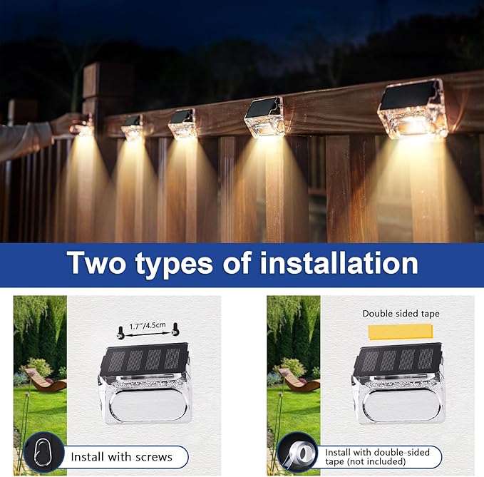 Qualdout Solar Outdoor Lights 8 Pack, Solar Fence Deck Lights, Waterproof Powered Outside Lighting for Step Railing Wall Pool Stair Yard Garden Patio Decorations