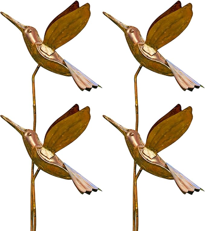 BestNest Set of 4 Ancient Graffiti Staked Hummingbird Garden Ornaments, 30" Tall Metal Yard Stakes with Flamed Copper Finish, Outdoor Decorative Garden Art for Yard & Flower Beds