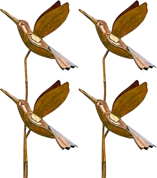 BestNest Set of 4 Ancient Graffiti Staked Hummingbird Garden Ornaments, 30" Tall Metal Yard Stakes with Flamed Copper Finish, Outdoor Decorative Garden Art for Yard & Flower Beds