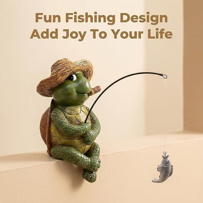 Tortoise Fishing Statue Garden Decor，9.8" Weatherproof Resin Tortoise Fishing Sculpture Decor for Fish Ponds, Koi Ponds, Waterfalls, Poolside Outdoor Gardens Resin Figurine for Indoor Outdoor Décor
