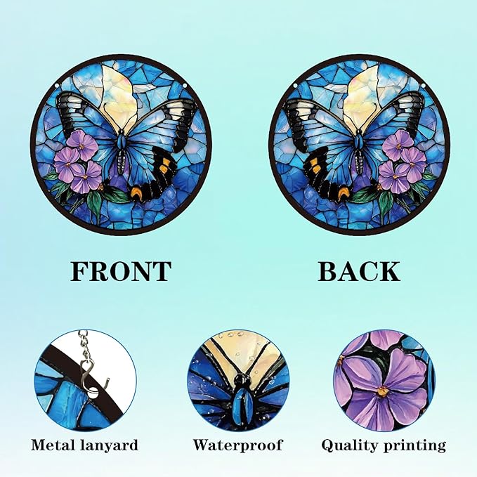 CREATCABIN Butterfly Sun Catchers Round Acrylic Suncatchers Stained Animals Window Wall Art Hanging Ornaments with Metal Chain for Housewarming Living Room Bedroom Home Garden Decor 9.8 Inch