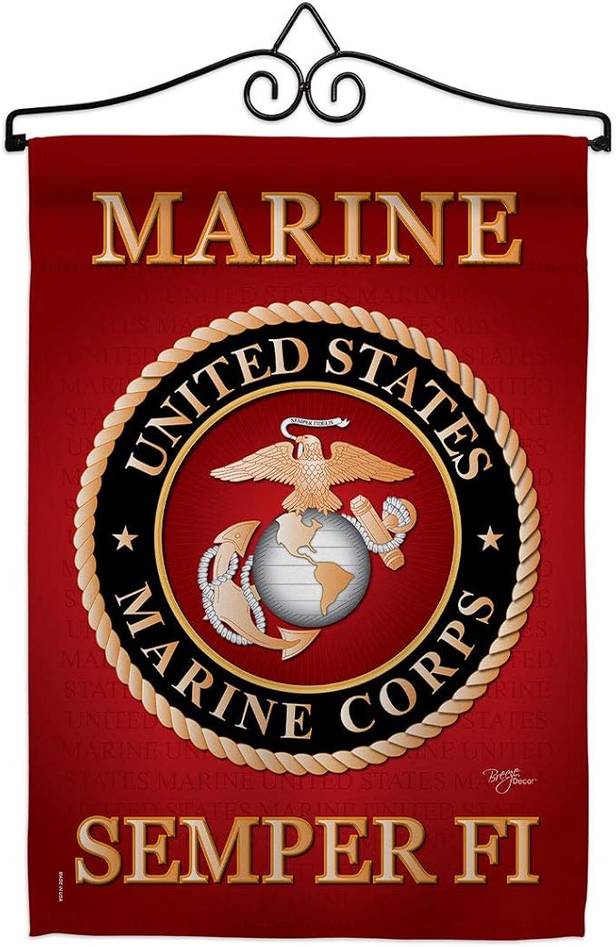 Marine Corps Garden Flag - Set Wall Hanger Armed Forces USMC Semper Fi United State American Military Veteran Retire Official - House Banner Small Yard Gift Double-Sided Made in USA 13 X 18.5