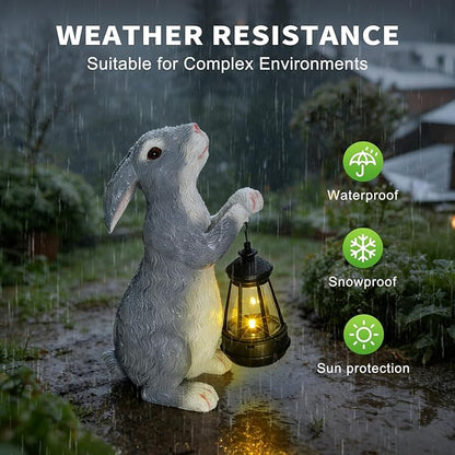 11.8 Inch Bunny Solar Garden Statue, Easter Rabbit Figurine with Glowing Lantern, Handcrafted Resin Outdoor Decor for Patio, Balcony, Yard, Gift for Women, Housewarming, Birthday, Easter Party Decor