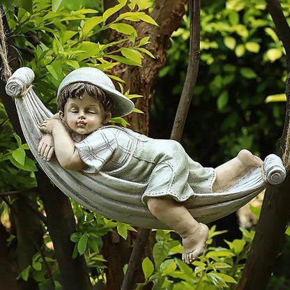 TY&WJ Boy Girl On Swing Garden Ornaments,Romantic Lovers Outdoor Statues,Weather-Resistant Hanging Sculpture for Yard Lawn Tree Decoration Stone Finish (Color : Boy)