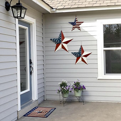 Metal Star Memorial Day Decorations Outdoor Garden Stake, Patriotic US Flag Barn Star Wall Decor, 4th of July Yard Sign American Decor for Front Porch Patio Lawn