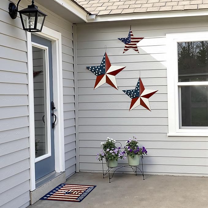 Metal Star Garden Stake 4th of July Yard Sign, Patriotic US Flag Barn Star Hanging Wall Decor for Front Porch Patio Lawn