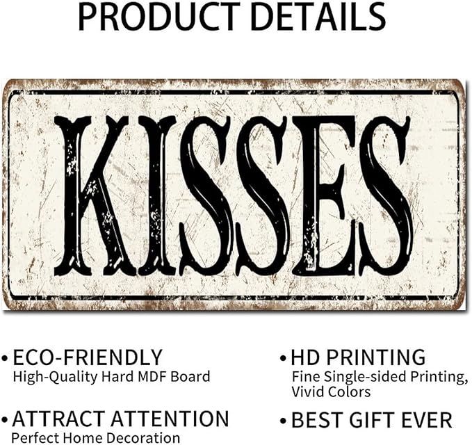 Madcolitote Vintage Kisses Wood Sign Kisses Custom Street Sign Rustic Wooden Wall Art Farmhouse Wall Decor Kitchen Wall Hanger Retro Decoration Sign Housewarming Gift 6x12in