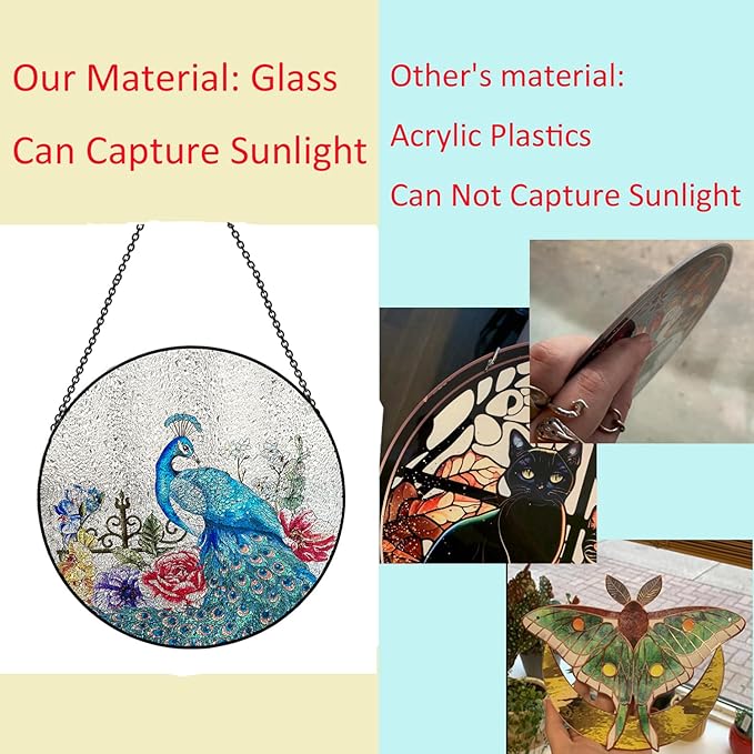 Peacock Hanging Stained Glass for Windows,20cm/7.87inch Stained Glass Suncatcher Garden Hangings Christmas Mother's Day, Valentine's Day Ornaments Festival Gift (Style B)