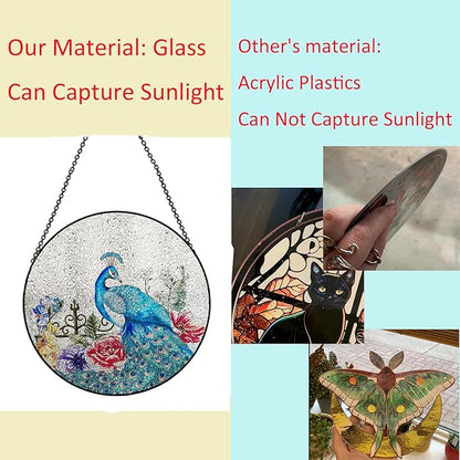 Peacock Hanging Stained Glass for Windows,20cm/7.87inch Stained Glass Suncatcher Garden Hangings Christmas Mother's Day, Valentine's Day Ornaments Festival Gift (Style B)