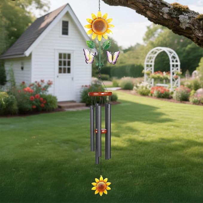 Sunflower Wind Chimes with Spinning Butterflies for Outside Hanging Garden Decor, Black Aluminum Tubes, Floral Wind Chimes for Yard, Porch, Patio, or Balcony for Women Mom Grandmom
