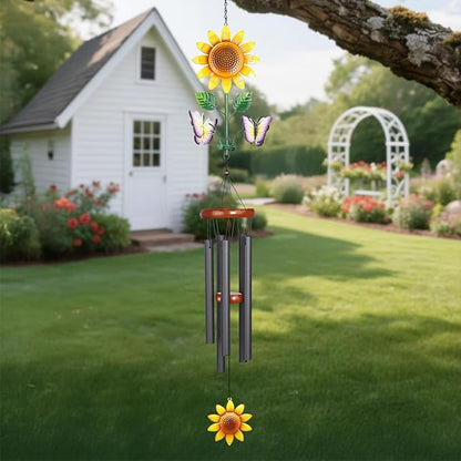 Sunflower Wind Chimes with Spinning Butterflies for Outside Hanging Garden Decor, Black Aluminum Tubes, Floral Wind Chimes for Yard, Porch, Patio, or Balcony for Women Mom Grandmom