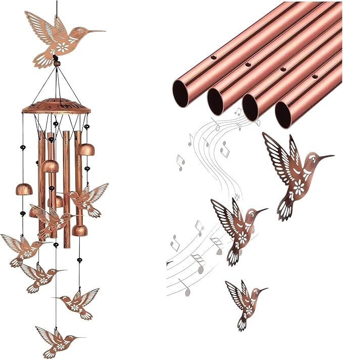 Outdoor Hummingbird Wind Chime, Black Metal Commemorative Gift of 7 Handmade Hummingbirds, Consolation Gift for Garden, Yard, Mother, Grandmother
