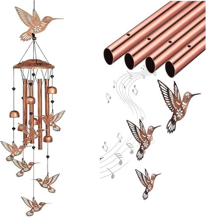 Outdoor Hummingbird Wind Chime, Black Metal Commemorative Gift of 7 Handmade Hummingbirds, Consolation Gift for Garden, Yard, Mother, Grandmother
