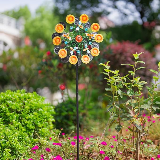 DREAMYSOUL Sunflower Garden Wind Spinner, 58 Inches Tall Metal Kinetic Wind Mills, Decorative Wind Spinners for Yard Garden Outside Patio Lawn Decor