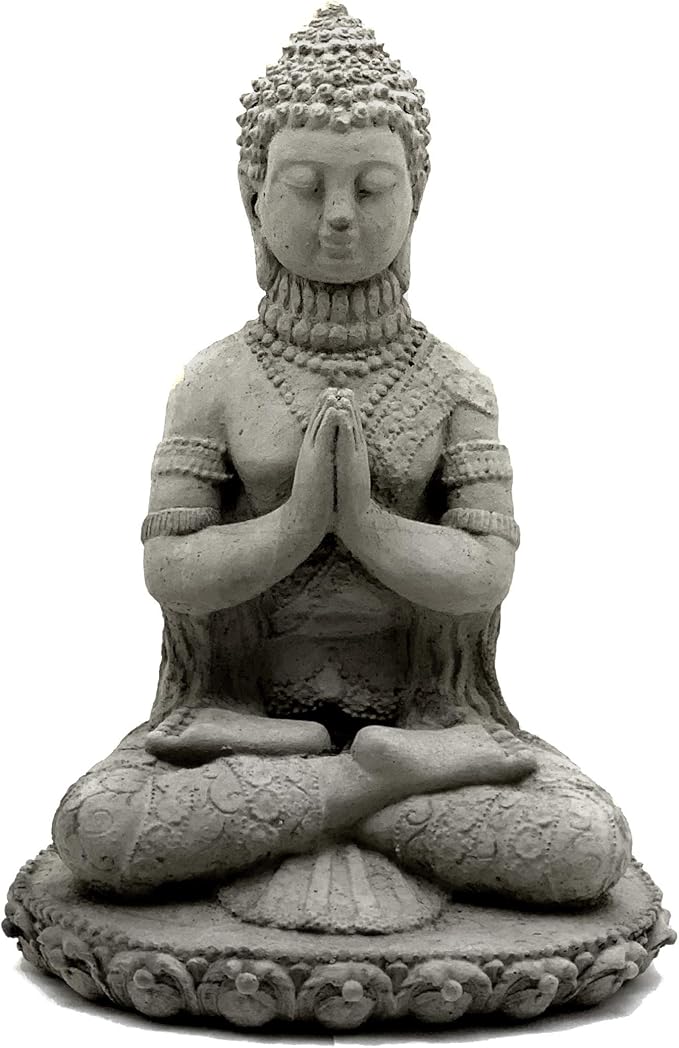Praying Buddha Statue: Durable Solid Stone Sculpture with Aged Texture. Unique Home Décor, Garden Accent. Sealed for Outdoors. Handcrafted USA. (Antique/Gray)