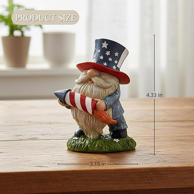 Patriotic Garden Gnome Statue with Firework – Resin Fourth of July Gnome Decoration for Yard, Garden & Home, Independence Day Decor