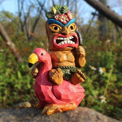 Solar Tiki Statue,Outdoor Statues - Statue-Tiki Bar Decor-Tiki Decorations Outdoor Patio Decor for Bar, Patio, Balcony, Yard,Lawn Ornament,Riding a Flamingos 10inch Tall