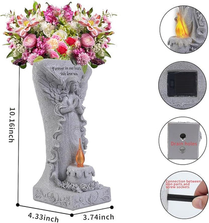 Cemetery Commemorative Gift - Garden Angel Statue with Solar Lights and Vases, Prayer Angel Vase,Angel Garden Statues Outdoor Decor, Tomb Cemetery Decoration