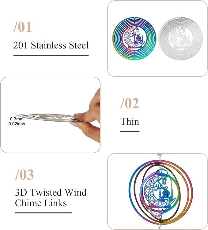 Ramadan Wind Spinners Outdoors Stainless Steel Wind Sculpture Spinner for Garden Outside Hanging Decor Gradient Twisted Winds Chimes for Eid Mubarak Theme Yarn Home Garden Decor 2Pcs